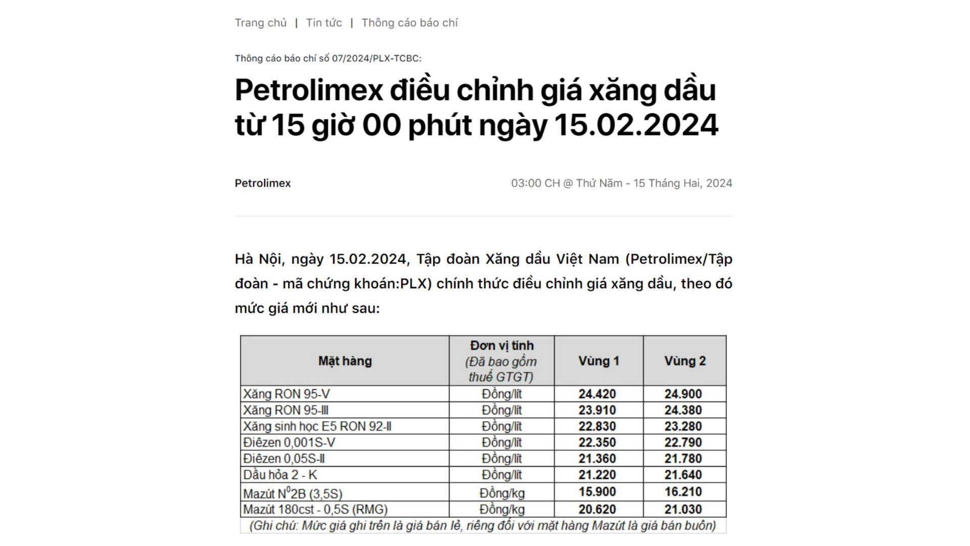 Mẫu thông cáo báo chí cập nhật giá xăng dầu của Petrolimex